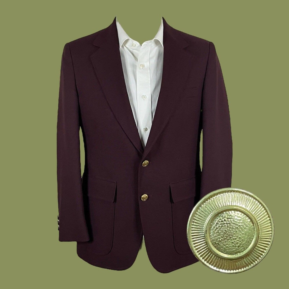 Vintage Perma Prest Blazer Mens 38S Burgundy Red Two Gold Buttons